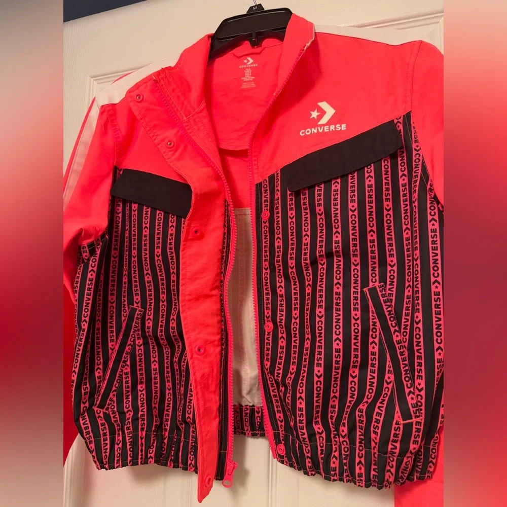 Converse Neon Pink and Black Windbreaker Track Jacket Size Medium - Picture 3 of 5